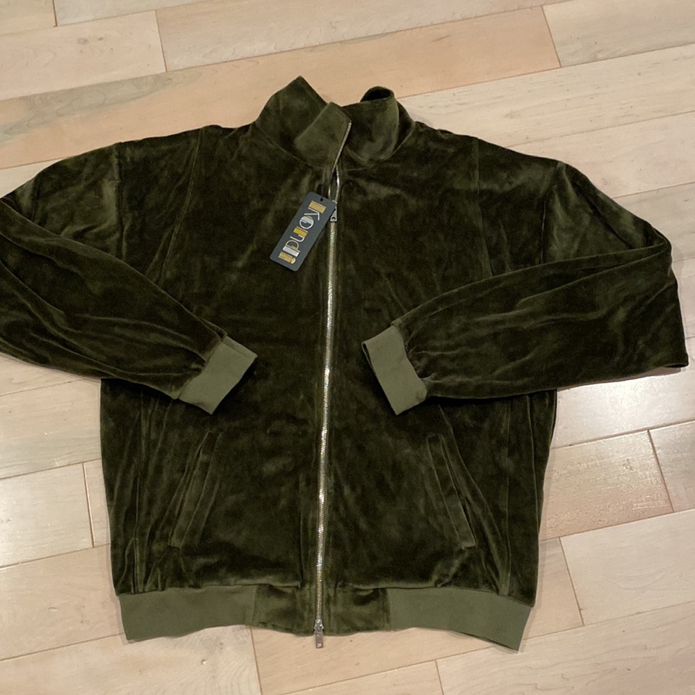 Suzie Kondi unisex zip Jacket in velour cotton olive green